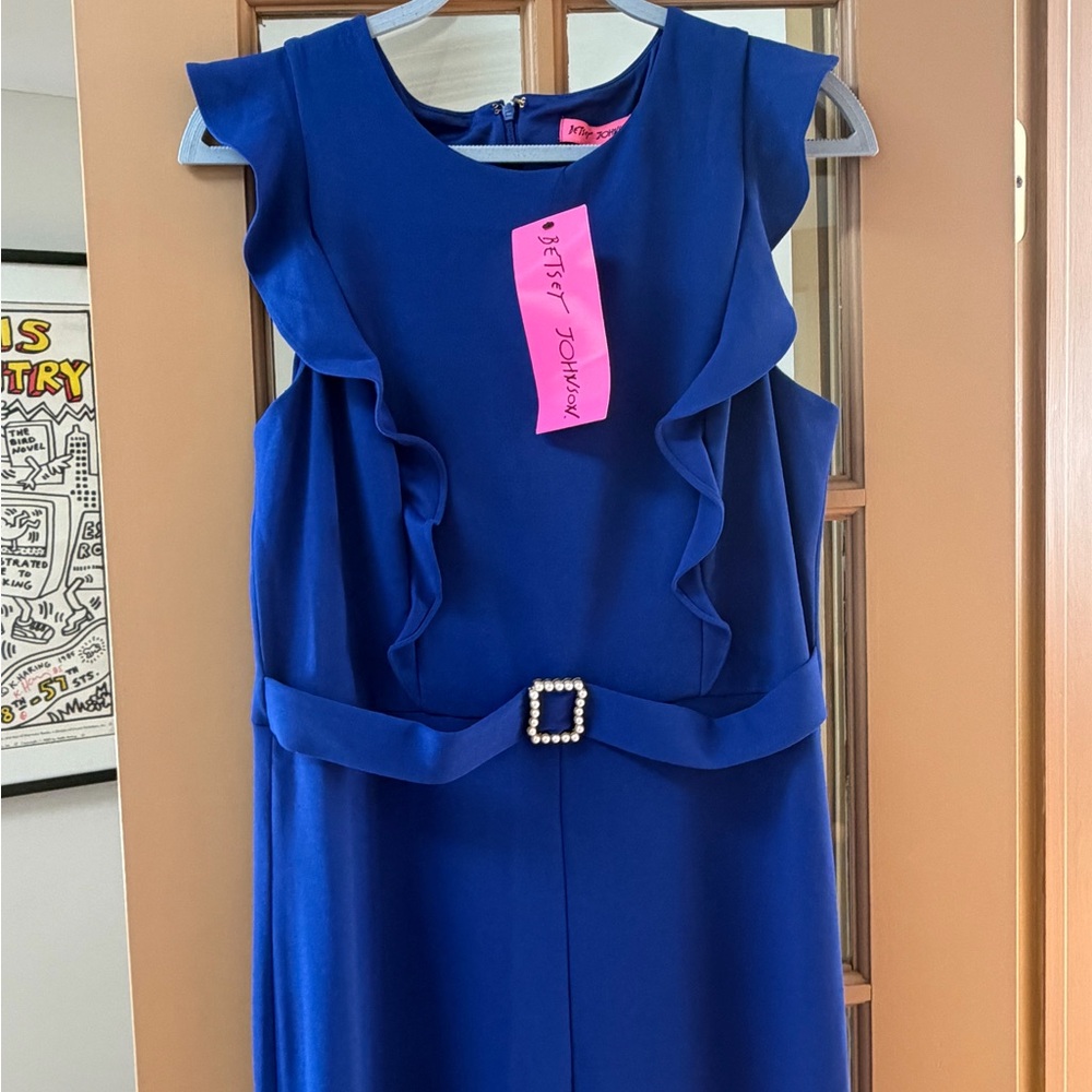 Betsey Johnson Blue Ruffle Sheath Pants Jumpsuit with Pearl Buckle